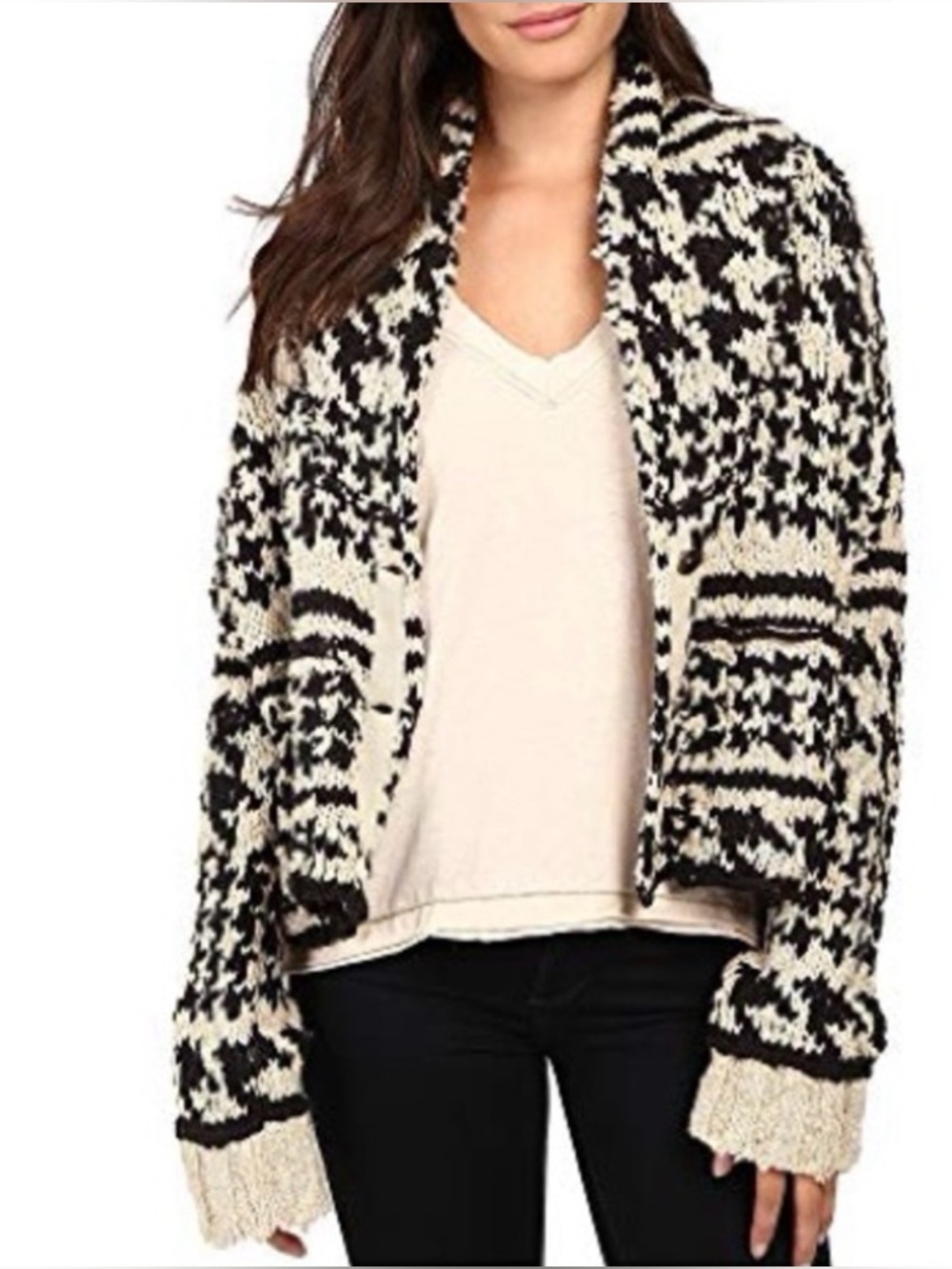 Free People Cardigan Sweater Black Cream Houndstooth Patterned Shawl Collar sz S